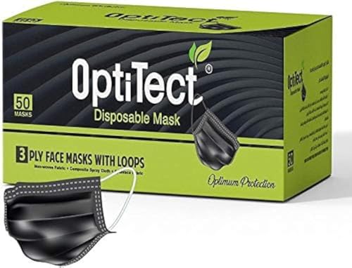OptiTect 50 pcs disposable face mask black a 3 Ply face mask with comfortable ear loop and nose clip on sealed box - disposable mask black