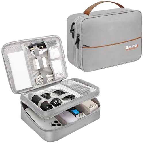 Image of Elfora Double Layer Gadget Organizer Bag | Travel Case for Cables, Charger, Power Bank, Hard Disk & Electronics Accessories | Portable Tech Storage Pouch with Mesh Pockets & Handle Carry Strap (Grey)