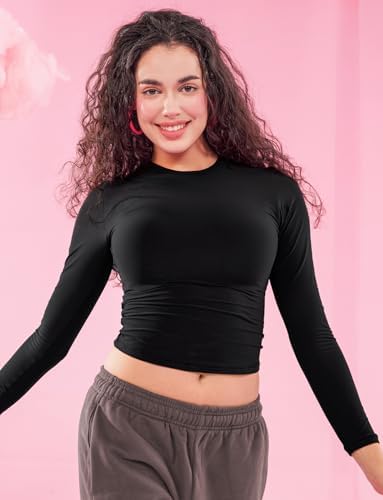 YEOREO Women's Long Sleeve y2k Tops Double Lined Crew Neck