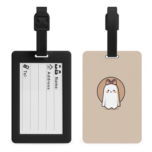 Etiqueta de equipaje con diseño de fantasma de dibujos animados rosa pastel con lazo, para bolsa de viaje, maleta, etiquetas de nombre