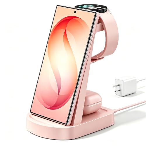 Image of Wireless Charging Station for Samsung /Android, Fast Wireless Watch Charger Station Compatible for Samsung Galaxy S26 Ultra /S25 /S24+ /Z Flip 7 /6 Fold 7 /6, Watch8 /7 /Pro /Active 2 Galaxy Buds3 /2 Pro(Pink)