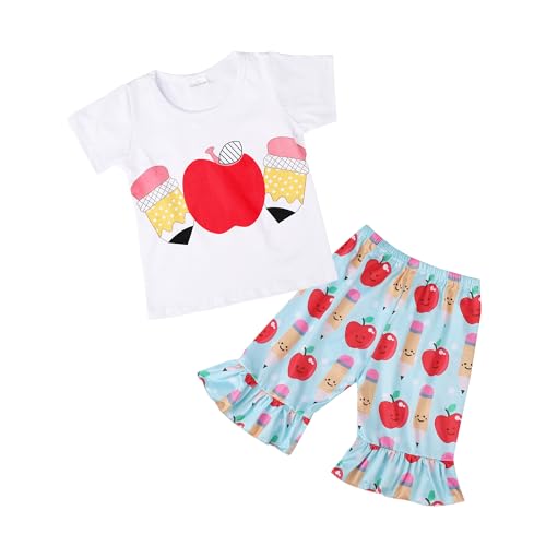 Image of Toddler Girls Back to School Pencil Outfits Set Ruffle T-Shirt Dress and Pants Outfit Set 3-8Years