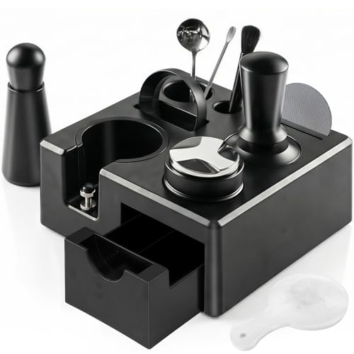 10PCS Espresso Accessories Kit - Espresso Knock Box and Tamping Station,Coffee Tamper,Distributor,WDT,Dosing Funnel,Puck Screen,Brush,Coffee Spoon,Latte Pen,16 Stencils Fits Delonghi 51mm Portafilter