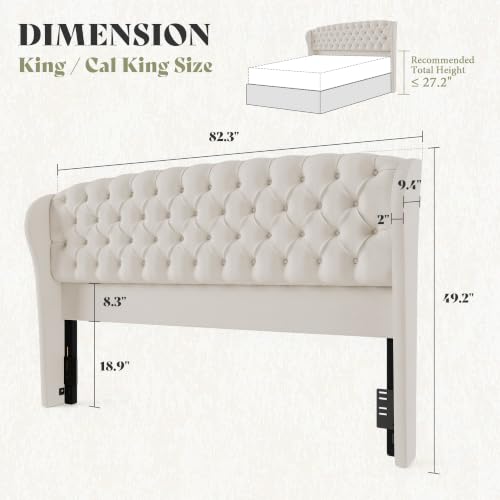 Image of AMERLIFE King /Cal King Headboard Only, Velvet Upholstered Wingback, Cream