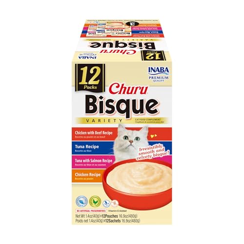 INABA Churu Bisque for Cats, Creamy Lickable Purée Side Dish with Vitamin E, 1.4 Ounces per Pouch,...