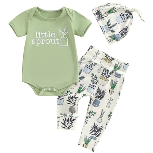 Image of Newborn Baby Boy Girl Summer Outfit Short Sleeve Little Sprout Bodysuit Top and Plants Pants 3pcs Clothes Set
