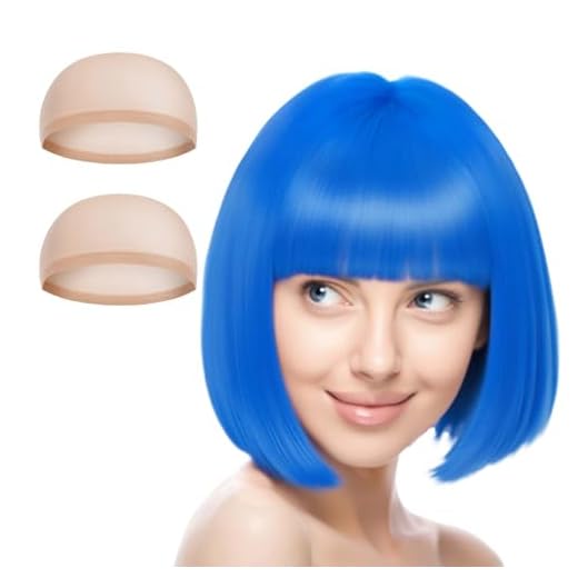 Aomig Kurze Bob Perücke, Wig mit 2 x Haarnetz, Bunte Neon-Bob-Perücke, Pony-Perücke Perücken Haarteile Cosplay für Nachtclub/Tanzen/Karneval/Fasching & Motto Party, Halloween Dekorationen (Hellblau/B)