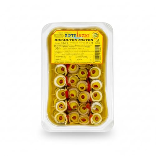 30 Bocaditos Mixtos - Pinchos Artesanales de Aceituna, Boquerón y Anchoa con Pimiento - Aperitivo Gourmet para Hostelería y Eventos - ArteInaki -1kg (600g Escurrido) - NEXU
