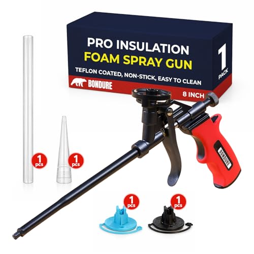 BONDURE Pro Spray Foam Gun (8 inch) PTFE (Teflon) Coated Non-Stick Adjustable Flow Control Dial Ergonomic Handle Universal Screw Top Can Adapter Long Reach Barrel Includes Nozzle Set