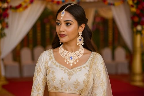 Touchstone Indian jewelry bollywood for women statement necklace sets wedding royal bridal ornaments big large matha tikka statement rajasthani mangtika traditional in antique gold or white tone4