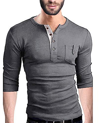 MODCHOK Men Henley Shirts Long Sleeve Plain T Shirt Casual Slim Fit V-Neck Tee Tops with Pocket D-Grey L