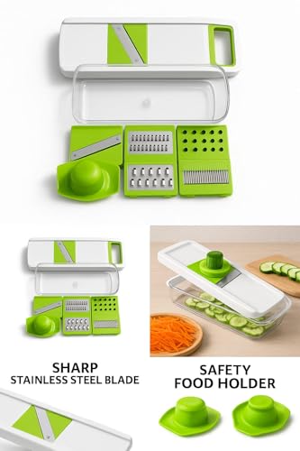 Image of 6 in 1 Mandoline Slicer | Multipurpose Vegetable Slicer & Cutter with Interchangeable Stainless Steel Blades | Manual Potato Onion Tomato Slicer, Grater & Dicer | Kitchen Vegetable Cutting(Green,Red)