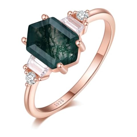 Angol Natural Moss Agate Ring 925 Sterling Silver Engagement Promise Rings for Women Birthday Mother's Day Jewelry Gift (6, Rose Gold) Cover