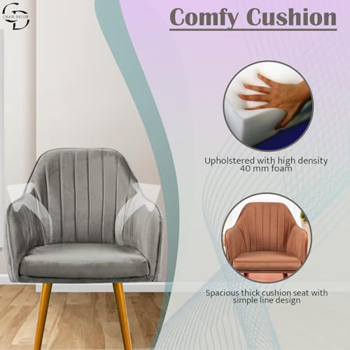 Image of Velvet Accent Chair | Luxury Upholstered Armchair with Sturdy Metal Legs | Modern Comfortable Chair for Living Room, Bedroom, Office, or Cafe (Golden Legs, Grey)