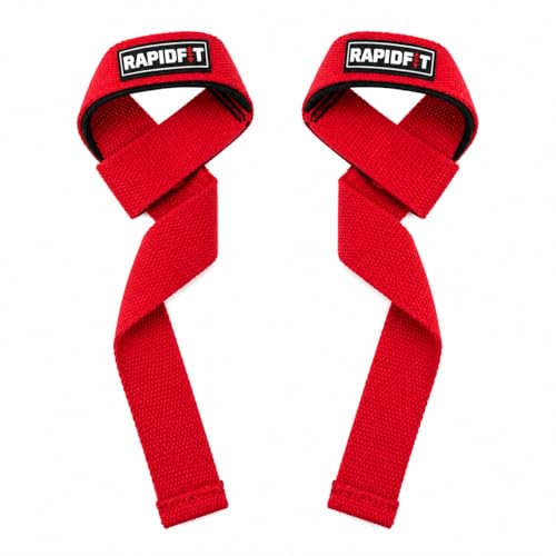 Image of Heavy Cotton Weight Lifting Straps 24 inch - Professional Non-Slip Lasso Wrist Support Straps with Padded 3.5mm Cuff | Gym Workout Straps for Deadlift, Powerlifting, CrossFit & Strength Training | Anti-Skid Grip Fitness Lifting Accessories (Red)