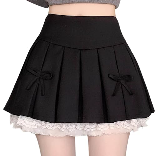 Women's High Waisted Pleated Skirt Skater A Line Mini Uniform Skirt with Lace Trim