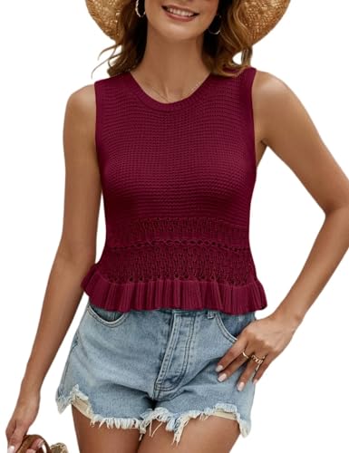 Image of CiCiBird Women Cute Crop Sweaters Vest Knit Sleeveless Pullover Tops Crochet Ruffle Hem Tank