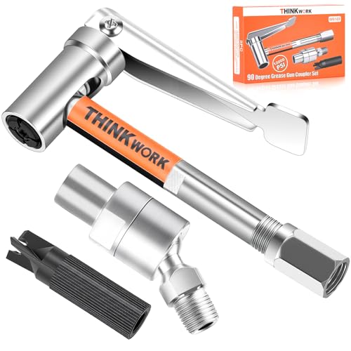 THINKWORK 90 Degree Grease Gun Coupler Set Strong Lock on Greases Gun Tips with 360Grease Gun Hose Swivel 12000 PSI Quick Release Grease Coupler Fit with All Grease Guns 1/8 NPT Grease Gun Fitting
