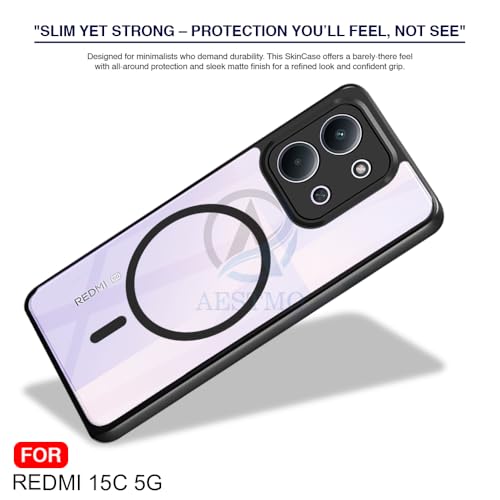 Image of AESTMO Redmi 15C 5G / Poco C85 5G Back Cover | 360 Protection | Crystal Clear Hard Back Transparent | Compatible with MagSafe Accessories (PC+TPU, Black Bumper)