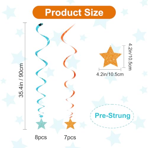 Image of BEISHIDA Blue Orange Glitter Stars Hanging Swirls Pre-Strung Stars Hanging Decorations for Baby Shower Paw Birthday Party Decorations Supplies,Pack of 15