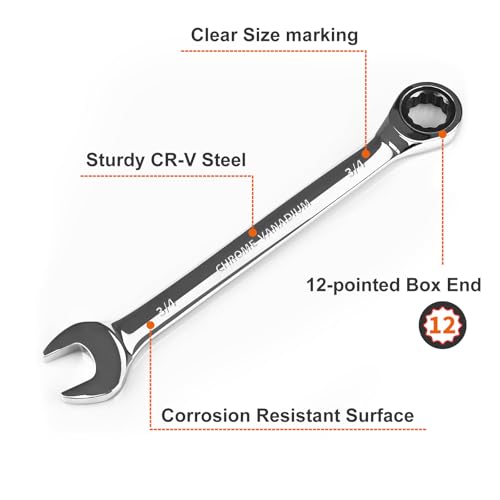 Image of Egofine 3 /4 inch Ratcheting Combination Wrench SAE, Industrial Grade Gear Spanner with 12-Point Design, 72-Tooth Ratchet, Chrome Vanadium Steel (Pack of 2)