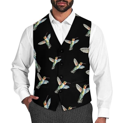 Watercolor Hummingbird Novelty Men's Suit Vest Funny Formal Dress Vests Business Waistcoat