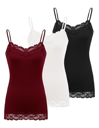 Kate Kasin Women Black Tanktops Lace, Adjustable Spaghetti Casual Camisole, V Neck Sexy Outfits(Black+White+Wine,XL)