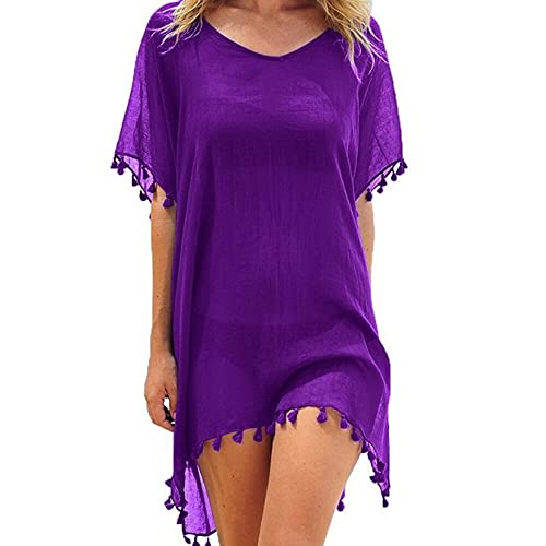 FFWTPY Damen Strandkleid, Chiffon Sommer Strandponcho, Badeanzug Bikini Cover-Ups mit Quasten, Boho Strandtunika, Transparent Strandurlaub Badeanzug, Bikini Beachwear (lila)