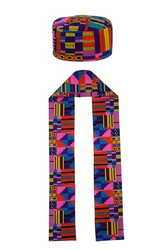 African Kente Pattern Hats Scarf Kufi Hat Ankara Print Cap and Shawl Clothing Stole Sash for Black Men Women 2 Pcs