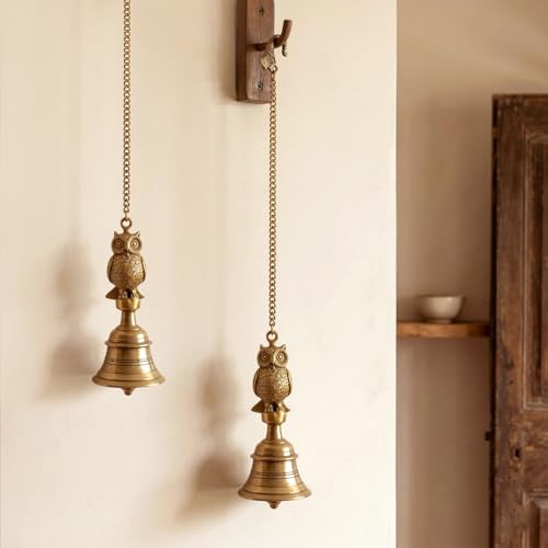 Image of ExclusiveLane 'Royal Owl' Brass Decorative Hanging Bell (100% Pure Brass, Set of 2, 66.2 Cm, 1.21 Kg, Hand-Etched) | Brass Bells for Mandir Hanging Bells for Pooja Room Temple Bells for Mandir