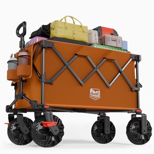 Image of TIMBER RIDGE Outdoor Collapsible Folding Wagon with Brakes and Cup Holders, 500lbs Heavy Duty All Terrain Wheels Utility Cart for Shopping Camping Garden Sports, Orange