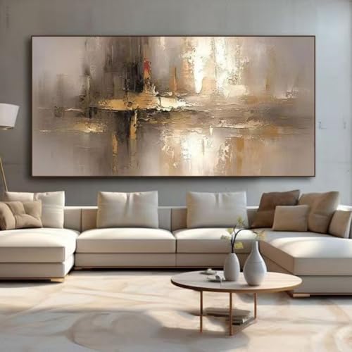 Tableau abstrait moderne avec cadre noir encadrement chic dore beige 160cm