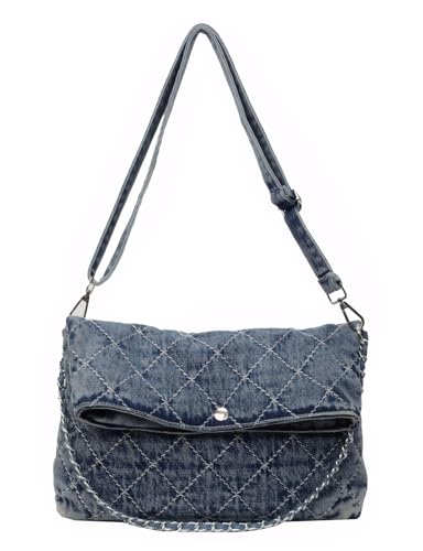 Quilted Denim Crossbody Shoulder Bag for Women Vintage Jean Casual Purse with Adjustable Strap Chain