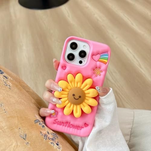Image of COVERLY for iPhone 14 Plus 3D Cartoon Sunflower Floral Case,Full Protective Happy Smiley Face Rainbow Pop Back Case with Holder Cute Soft Silicone Fashion Aesthetic Cover for Apple iPhone 14 Plus