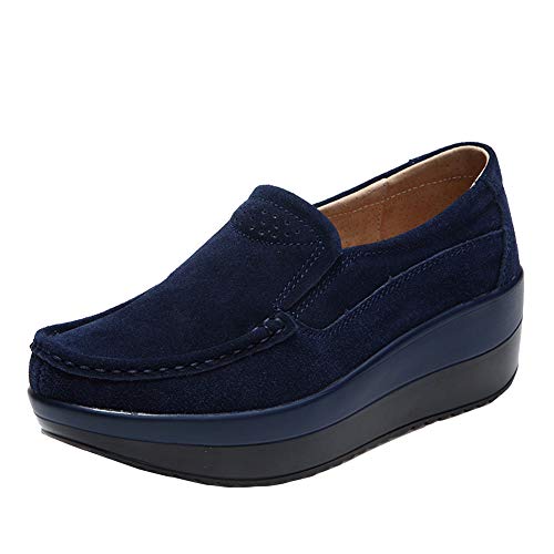 Z.SUO Mujer Mocasines de Cuero Gamuza Moda Loafers Casual Zapatos(39 EU,Azul.2)