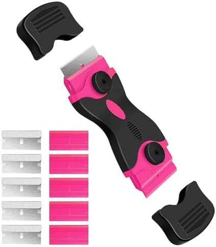 Razor Blade Scraper, Double Edged Scraping Tool with 10 Pcs Razor Blades, Paint Scraper for Glass, Decals, Tint, Stickers, Labels, Caulk, Adhesive(Pink)
