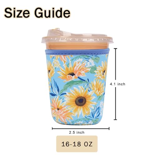 Image of Reusable Insulated Sleeve for Iced Coffee Cup, Coffee Neoprene Sleeve for Cold & Hot Drinks, Beverage Holder for Iced Coffee (Sunflower Smile, Small: 16-18oz)
