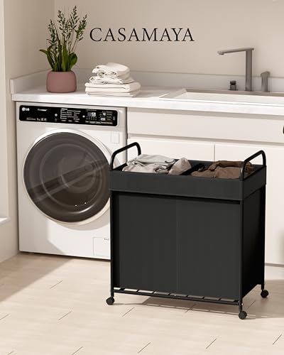 Laundry-Basket-with-Wheels-2-Section-Rolling-Laundry-Hamper-Laundry-Sorter-with-Removable-Liner-Steel-Frame-with-Handle-95L-236-x-13-x-252-Inches-Black-LHC120B01