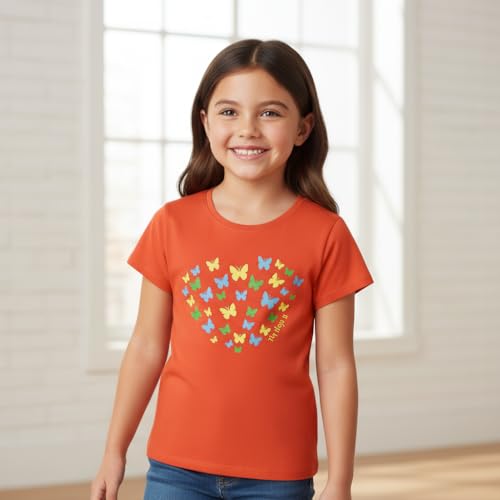 Image of Girls Cotton Crew Round Rib Neck Short Sleeve T-Shirts, Green, Orange red, Turquois
