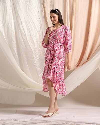 Image of Leriya Fashion Dresses for Women Crepe Abstract Print Belt Waisted High N Law with Ruffled Hem in Wrap-Up Western Dress Shopping College Holidays Office Wear Casual Dress for Girls