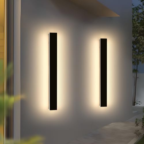 Image of 2 Pack 47.2inch Modern Outdoor Wall Light Fixture, IP65 Waterproof LED Wall Mounted Sconce, 3 Color 3000K /4500K /6000K, 42W, Black Exterior Lighting for House, Backyard, Garden, Garage