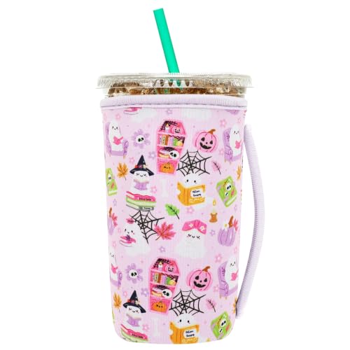 Image of Insulated Neoprene Cup Sleeve for Iced Coffee & Cold Soda - Reusable & Sweatproof, Keeps Drinks Cold Longer, Coffee Coolie for Hot & Iced Drinks (Halloween Ghost & Book, Large: 32oz)