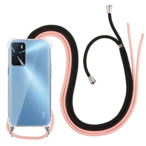 Vauki Funda para OPPO A16/A16s/A54s con Cuerda, Carcasa Transparente Silicona con 2 Cordón para OPPO A16/A16s/A54s 6.52", Colgante Cordon Colgar Collar Correa de Cuello Cadena, Oro Rosa+Negro Cover