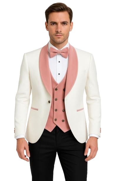 Men's White and Blush Pink Tuxedo with Satin Shawl Lapel and Black Contrast Pants