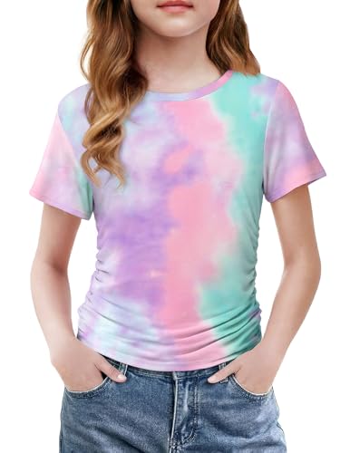 Arshiner Girls Ruched Shirts Short Sleeve Tie Dye Tops for Big Girls 11-12 Years Blouse Casual Fitted Tee 11-12 Years