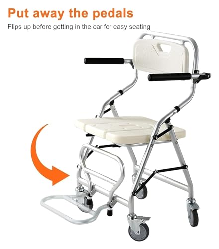 Silla móvil para baño, altura ajustable, aleación de aluminio, silla plegable para personas mayores, silla de ducha, cubeta para inodoro, silla de transporte con frenos en 4 ruedas (360°)(A) miniatura 3