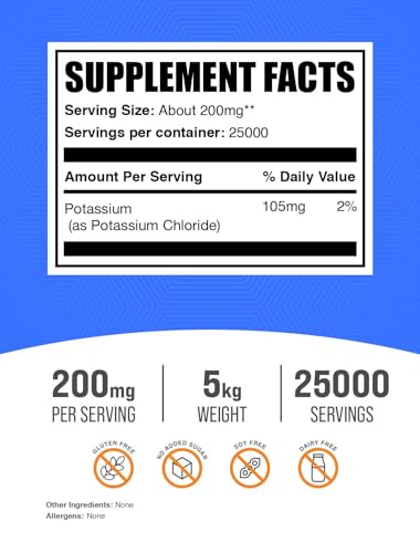 Image of BulkSupplements.com Potassium Chloride Powder - Salt Substitute, Potassium Salt - Gluten Free, 200mg per Serving, 5kg (11 lbs) (Pack of 5)