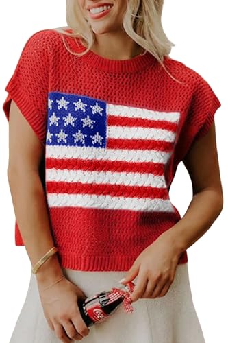 Image of Womens American Flag Sweater Cap Sleeve Summer Crop Tops Crew Neck Loose Fit Knit Sweater Pullover Top