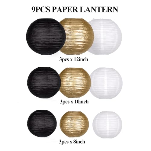 Image of Black Gold white Paper Lanterns Decorations for Graduation Anniversary New Year Farewell Retirement Birthday Party Graden Decor 9pcs