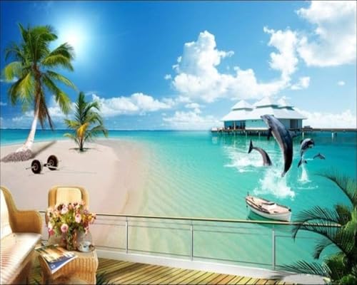 Fotomural de delfines 3D para ampliar salones pequeños y tapar imperfecciones 3